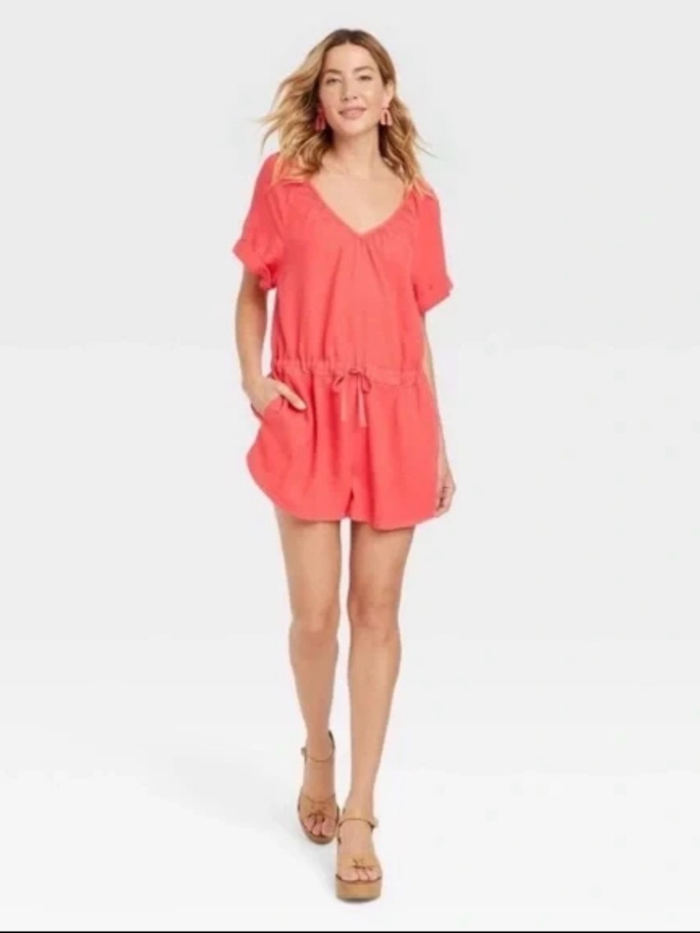 Universal Thread Short Sleeve Linen Blend Romper - Coral Pink - Size L